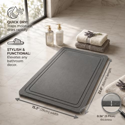 Stone Bath Mat – Diatomaceous Earth Quick Drying Non-Slip Bathroom Mat – Absorbent Diatomite Shower Mat, Durable & Easy to Clean, Modern, 23.6" x 15.3", (Slate Grey - Linea) - color: Slate Grey - Linea