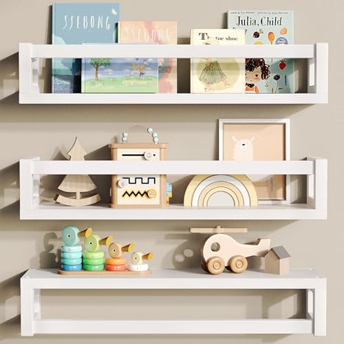 3 Pack Solid Wood Floating Shelves for Wall, Nursery Bookshelf, White | Durable Solid Wood Construction, Deep Shelf Space for Books, Toys, Plants, Photos and Kitchen Storage - color: White, size: 15.75 Inch