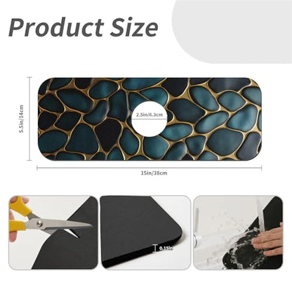 Kitchen Sink Splash Guard，Blue and gold stones Faucet Mat Sink Gadgets-Super Absorbent Fast Drying Mat Drip Catcher for Kitchen, Bathroom,Sink Mat, Dish Drying Mat, Bathroom(15" X 5.5" ) - color: Blue and gold stones