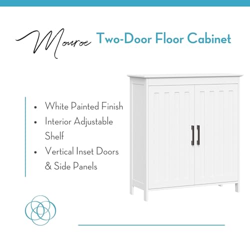 RiverRidge Monroe Two-Door Bathroom Floor Storage Cabinet - White | Linen Cabinet with Adjustable Interior Shelf and Soft Close Hinges, Matte Black Handles