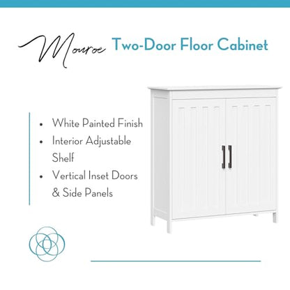 RiverRidge Monroe Two-Door Bathroom Floor Storage Cabinet - White | Linen Cabinet with Adjustable Interior Shelf and Soft Close Hinges, Matte Black Handles