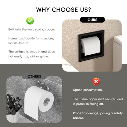 Recessed Toilet Paper Holder Build-in, in Wall Toilet Roll Holder Wall Mounted for Bathroom Renovation Stainless Steel Toilet Tissue Holder (Matte Black)