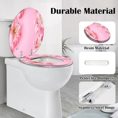 Round Toilet Seat Flowers composition Pink white flowers pastel pink Flat lay top view Resin Toilet Seat Slow Quiet Close with Quick-Release Hinges Toilet Seat with Cover Easy to Clean Install - color: Multi2, size: 16.5"x14.5"