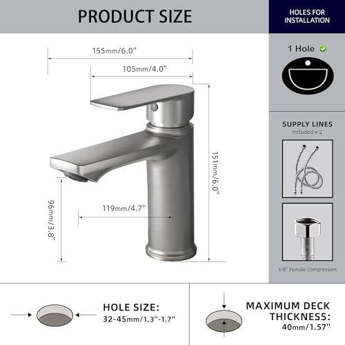 BELZ Nickel Bathroom Faucet 2 Sets,Lead-Free Single Hole Vanity Sink Faucet | NSF372 Certified, Anti-peeling PVD Nickel Finish, Water-saving & Anti-splash, Single Handle Modern Design with Hot/Cold Hoses - color: 2 Pack-Brushed Nickel