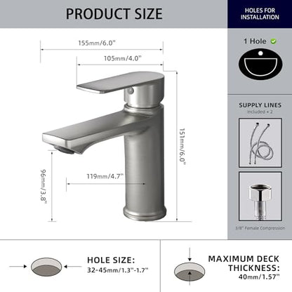 BELZ Nickel Bathroom Faucet 2 Sets,Lead-Free Single Hole Vanity Sink Faucet | NSF372 Certified, Anti-peeling PVD Nickel Finish, Water-saving & Anti-splash, Single Handle Modern Design with Hot/Cold Hoses - color: 2 Pack-Brushed Nickel