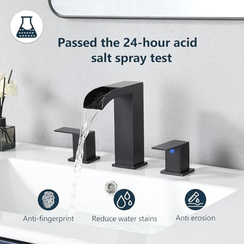 VCCUCINE Black Bathroom Faucet 3 Hole, 8 Inch Widespread Square Waterfall Bathroom Sink Faucet,Matte Black Vanity Bathroom Faucets for Vanity, Restroom, Commercial with Pop Up Drain and Supply Lines