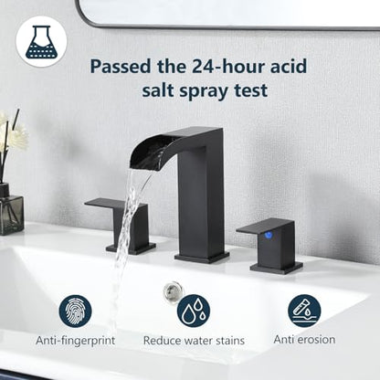VCCUCINE Black Bathroom Faucet 3 Hole, 8 Inch Widespread Square Waterfall Bathroom Sink Faucet,Matte Black Vanity Bathroom Faucets for Vanity, Restroom, Commercial with Pop Up Drain and Supply Lines