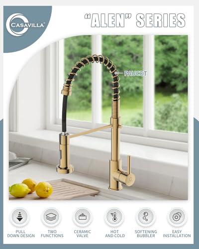 Kitchen Faucet, Brushed Gold Faucet for Kitchen Sink, Kitchen Sink Faucet with Pull Down Sprayer, Single Handle Stainless Steel Kitchen Faucets with Dual Function Spray Head - color: C-Brushed Gold, style: Classic