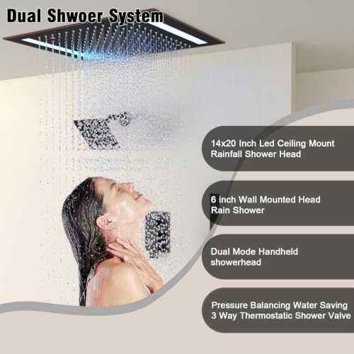 Rain Shower Head System with 14x20 Inch Ceiling Mount LED Head & 6 Inch Wall Head and Handheld Shower 3 Way Pressure Balance Valve Kit, Oil Rubbed Bronz - color: Oil Rubbed Bronz, style: 14x20 inch+6inch