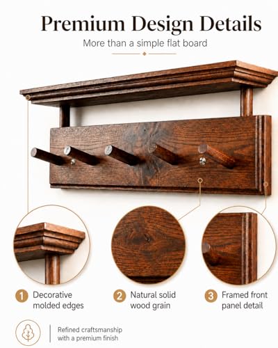 Matías Coat Rack Wall Mount with Shelf, 18 Inch Solid Wood Peg Rail, Wall Mounted Coat Rack with 5 Hooks, Wall Mount Shelf for Entryway, Bathroom or Bedroom (Walnut) - color: walnut