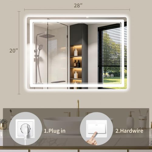 20"x28" LED Bathroom Mirror with Lights, Backlit + Front Lit, Anti-Fog, Lighted Bathroom Mirror for Wall, HD Shatterproof Tempered Glass, Dimmable, Memory Function (Horizontal/Vertical) - size: 28"L x 20"W