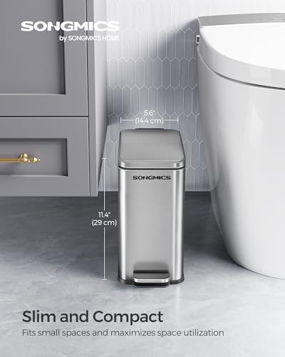 SONGMICS Bathroom Trash Can and Toilet Brush Set, 1.3 Gallon Small Trash Bin with Lid, Slim for Small Spaces, Stainless Steel Garbage Can, Soft Close, Silver ULTB560E0501 - color: Silver, style: 1.3 Gal. with Toilet Brush Set
