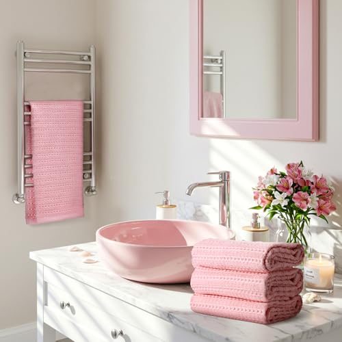 4 Pack Pink Hand Towels Waffle 100% Cotton 13x29 Inch | Soft Absorbent Bathroom Kitchen Use, Waffle Texture Quick Dry, Durable Cotton Washcloths Ideal for Guests Daily Needs - color: Pink