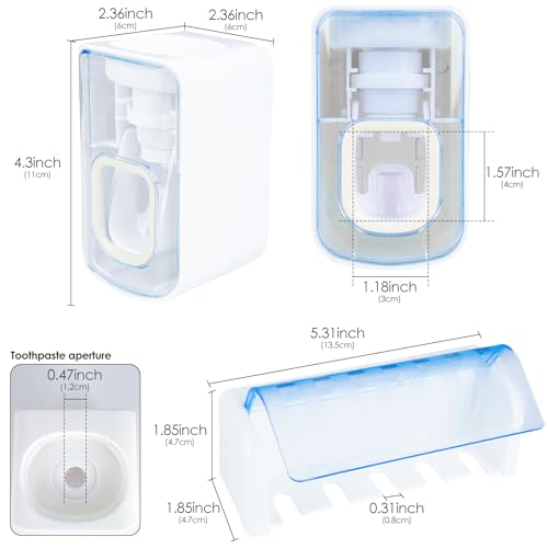 5 Slots Wall Mount Toothbrush Holder with Cover, Self Adhesive Toothbrush Storage Organizer for Shower, Toothbrush Hanger with Automatic Toothpaste Squeezer Dispenser(White + Blue) - color: White + Blue Combination