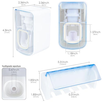 5 Slots Wall Mount Toothbrush Holder with Cover, Self Adhesive Toothbrush Storage Organizer for Shower, Toothbrush Hanger with Automatic Toothpaste Squeezer Dispenser(White + Blue) - color: White + Blue Combination