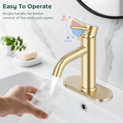 Bathroom Faucet, Single Handle Vanity Sink Faucet, Brushed Gold | Brushed Gold, for 1/3-Hole, Stainless Steel, Ceramic Cartridge, Pop-Up Drain, Deck Plate, For Vanity Powder Laundry - color: Brushed Gold
