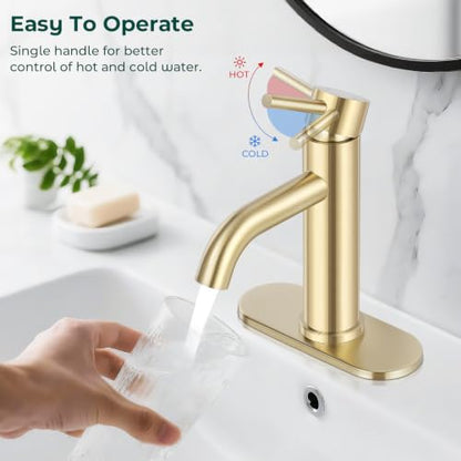 Bathroom Faucet, Single Handle Vanity Sink Faucet, Brushed Gold | Brushed Gold, for 1/3-Hole, Stainless Steel, Ceramic Cartridge, Pop-Up Drain, Deck Plate, For Vanity Powder Laundry - color: Brushed Gold