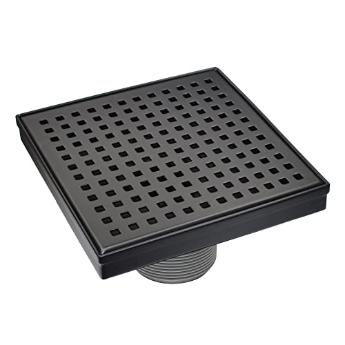 4-Inches Square Shower Drain with Flat Cover, Stainless Steel Shower Floor Drain with Removable Quadrato Pattern Grate, Floor Shower Drain with Hair Strainer, Matte Black - color: Matte Black, size: 4 Inches
