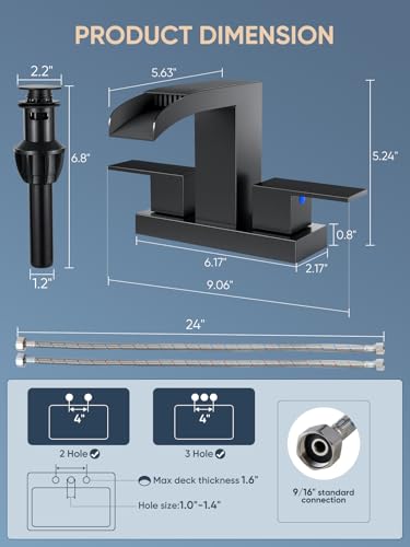 Cobbe Waterfall Bathroom Faucets 3 Hole, Matte Black Bathroom Sink Faucet Square 4 Inch Centerset with Pop-Up Drain, 2 Handle and 2 Supply Hoses, Lead-Free Stainless Steel for Vanity Sink Rv - color: Black, size: 4 Inch Centerset