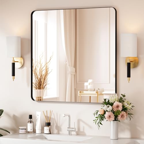 Black Bathroom Mirror 32X32 Inch Bathroom Vanity Mirror for Wall, Metal Frame Large Mirror, Tempered Glass, Modern Wall Mirror for Bathroom, Farmhouse, Horizontally or Vertically Hanging - color: Black, size: 32"L x 32"W
