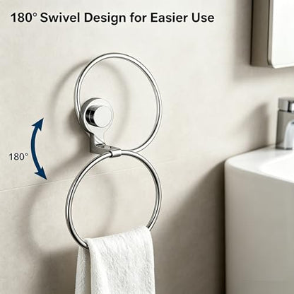 Suction Cup Hand Towel Holder for Bathroom, Silver | Stainless Steel, Wall Mounted, No Drilling, Removable Hand Towel Ring for Bathroom, Kitchen