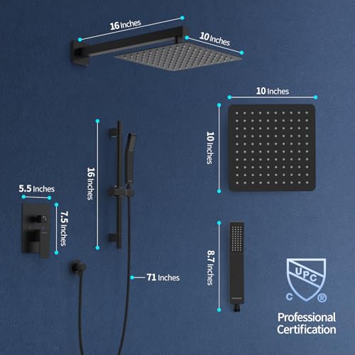 SR SUN RISE 10 Inch Square Shower System with Slide Bar,Matte Black | Rain Head and Handle System,16" Adjustable Shower Slide Bar,Soild Brass,Wall Mount,Included Valve and Trim Kit - color: Matte Black, size: 10 Inch