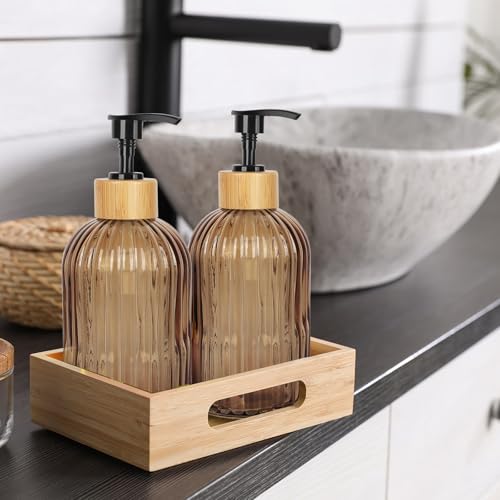 Amber Glass Soap Dispenser with Pump, 2 Pack 13.5oz Vertical Stripe Design Hand Soap Dispenser for Hand Wash, Dish Wash, Elegant Dispenser for Bathroom and Kitchen - color: Striped Amber