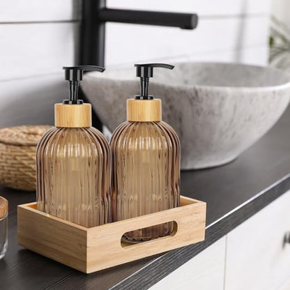 Amber Glass Soap Dispenser with Pump, 2 Pack 13.5oz Vertical Stripe Design Hand Soap Dispenser for Hand Wash, Dish Wash, Elegant Dispenser for Bathroom and Kitchen - color: Striped Amber