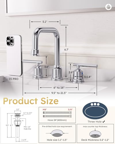 WOWOW Chrome Bathroom Faucet 3 Hole, Widespread Vanity Sink Faucets 8 Inch | Copper Inlet Faucet for Bathroom Sink with Swivel Spout, Two Handles Lavatory Tap with Drain and cUPC Supply Line - color: Chrome, style: Upgrade-8 Inch