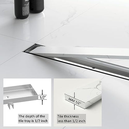 24 Inch Linear Shower Drain with Tile Insert Grate, Brushed | 304 Stainless Steel, Rectangle Tile Floor Drain for Bathroom, with Hair Strainer, Adjustable Feet, cUPC Certified - size: 24 inch
