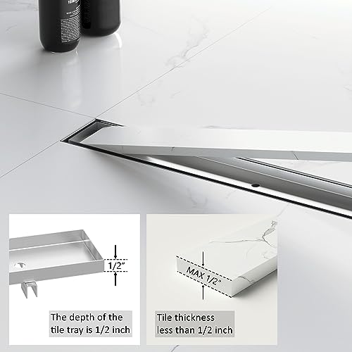 28 Inch Linear Shower Drain with Tile Insert Grate, Brushed | 304 Stainless Steel, Rectangle Tile Floor Drain for Bathroom, with Hair Strainer, Adjustable Feet, cUPC Certified - size: 28 inch