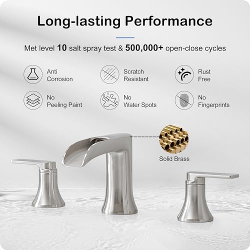 Brushed Nickel Waterfall Bathroom Faucet 3 Hole, 8-16 Inch Widespread 2 Handle Faucets for Bathroom Sinks Vanity Lavatory Sanitary Modern Restroom, Brass Material, NO Pop-up Drain - color: Brushed Nickel, style: NO Pop Up Drain