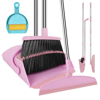 Broom and Dustpan Combo Set, 52" Long Handle with Squeegee & Mini Set | Pink Complete Cleaning Kit, Built-in Comb Dustpan, Floor Squeegee for Wet & Dry Messes, Mini Broom Set，for Home & Pet Areas - color: Pink