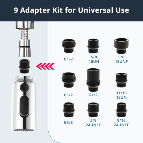Pull Down Faucet Head Replacement Chrome, Pull Out Kitchen Faucet Spray Head Sprayer Sink Nozzle with 9 Faucet Adapter, American Standard for G1/2 Male Connector - color: Polished Chrome