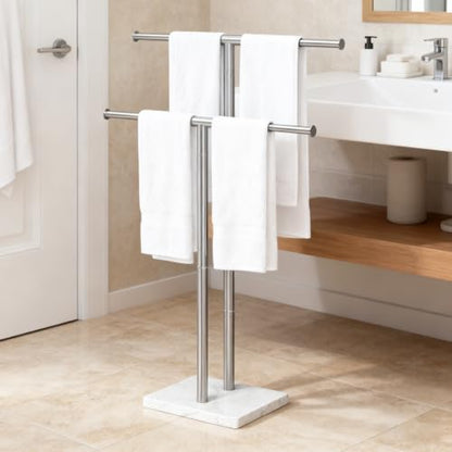 ELYKEN Standing Towel Rack for Bathroom, Adjustable 2-Tier Towel Stand | Weighted Marble Base, Brushed Stainless Steel, Freestanding Design, Holds Bath Towels, Rust Resistant, Ideal for Bathroom - size: 2 Tiers