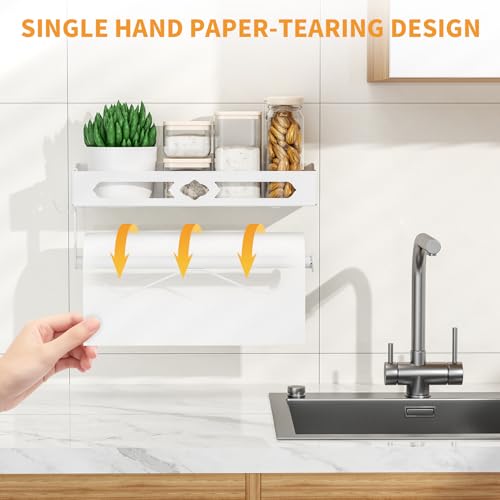 White Paper Towel Holder Wall Mount with Shelf - Adhesive Hand Towel Rack | Sturdy Metal Mounted Paper Towel Rack with 2 Hooks, Space-Saving for Bathroom, Kitchen, RV Camper - color: White