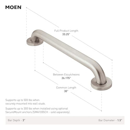 Moen R8930 Bathroom Safety 30-Inch Stainless Steel Bathroom Grab Bar with Textured Grip, Peened - color: Stainless, size: 30 Inch