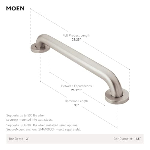 Moen R8930 Bathroom Safety 30-Inch Stainless Steel Bathroom Grab Bar with Textured Grip, Peened - color: Stainless, size: 30 Inch