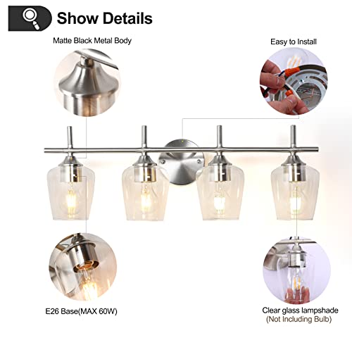 foucasal Bathroom Light Fixtures 4-Light Brushed Nickel Vanity Light | Win Glass Clear Shade, Modern Wall Lights for Bathroom Bedroom Hallway Living Room (Brushed Nickel, 4-Light) - color: Nickel & Clear E26, size: 4-light
