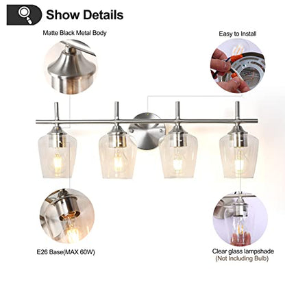foucasal Bathroom Light Fixtures 4-Light Brushed Nickel Vanity Light | Win Glass Clear Shade, Modern Wall Lights for Bathroom Bedroom Hallway Living Room (Brushed Nickel, 4-Light) - color: Nickel & Clear E26, size: 4-light