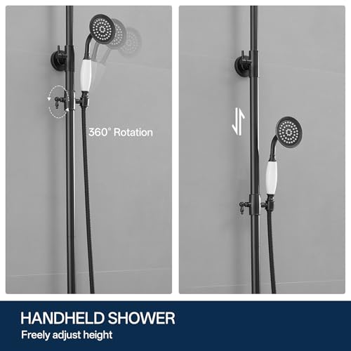 Homevacious Matte Black Outdoor Shower Kit Exposed Shower | 8 Inch High Pressure Rain Shower Head with Hand Spray Bathroom Shower Faucet System Double Knobs Cross Handle 3-function - color: Matte Black, style: 3-Function