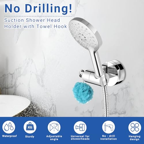 Suction Cup Shower Head Holder Wall Mount, Removable Handheld Shower Head Holder with Side Hook, Adjustable Vacuum Suction Shower Wand Holder (Black) (Chrome) - color: Chrome