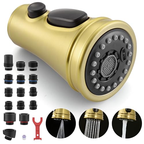 Kitchen Faucet Head Replacement - Pull Down Spray Head with 15 Adapters | 3-Function Stream/Spray/Blade, Easy Install, Removable Aerator, for Delta Moen Kohler, Pull Out Sprayer Nozzle, Brushed Gold - color: Brushed Gold