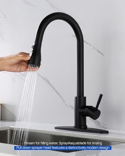 J-HVA Pull Down Kitchen Faucet Sprayer Head Replacement Part, Matte Black | with 15 Connectors, 3 Function Pull Out Sink Sprayer Replacement Nozzle, Kitchen Faucet Head Hose Spray Tap Spout - color: Matte Black
