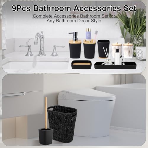 XLHOMO Black Bathroom Accessories Set with Wicker Trash Can, Black Bathroom Accessories Set Bathroom Sets Small Waste Basket Bathroom Trash Can for Bedroom Bathroom - size: Wicker Bathroom Set, style: Black