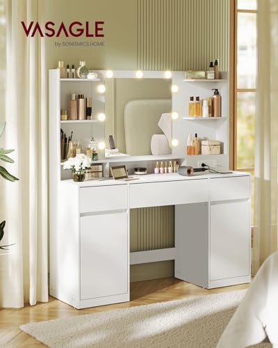 VASAGLE KAILYN Collection - Vanity Desk with Mirror and 9 LED Bulbs, Modern Vanity Makeup Table with Power Outlets, Dressing Table with 2 Cabinets, for Bedroom, Cloud White URDT142WB01S - style: 43.3"W 3 Drawers 2 Cabinets Vanity Desk - Cloud White