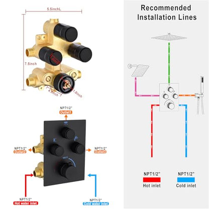 Dual Shower Heads Shower System with 16" Ceiling Mounted Rain Shower Head & 6" Wall Mounted Head Full Body Shower System 3 Way Thermostatic Shower Valve Can All Run Together, Matte Black - color: Matte Black, style: 16inch+6inch
