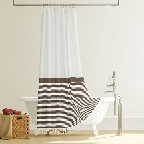 Dynamene Brown Fabric Shower Curtain, Farmhouse Boho Striped Tassel Shower Curtains for Bathroom, Bohemian Textured Cloth Shower Curtain Set with Hooks, Water Repellent, Wrinkle Free, 72x72 - color: Brown, size: 72"W x 72"L (Pack of 1)