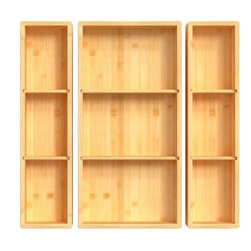 DUJEN Bamboo Drawer Organizer 12.5'' X 12.5'' X 2'', Adjustable 3 Individual Junk Drawer organizer for Bathroom and Kitchen, Wood Drawer Tea Organier Boxes for Silverware, Make up and Tea Bag - size: 1 piece 12.5X6.2 & 2 pieces 12.5X3.1