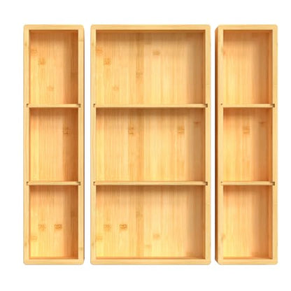 DUJEN Bamboo Drawer Organizer 12.5'' X 12.5'' X 2'', Adjustable 3 Individual Junk Drawer organizer for Bathroom and Kitchen, Wood Drawer Tea Organier Boxes for Silverware, Make up and Tea Bag - size: 1 piece 12.5X6.2 & 2 pieces 12.5X3.1
